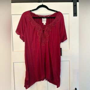 New York Laundry Deep Red Lace-Up Crochet Yoke Tunic Top NWT